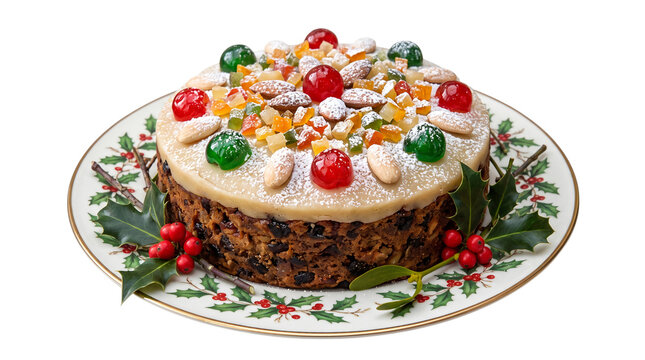 Traditional Christmas fruit cake on a decorated plate