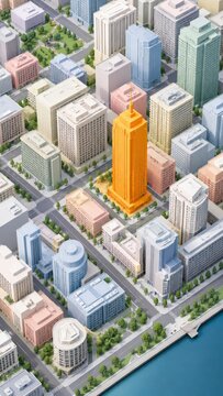 3D city block model with soft pastel buildings and one bright tower