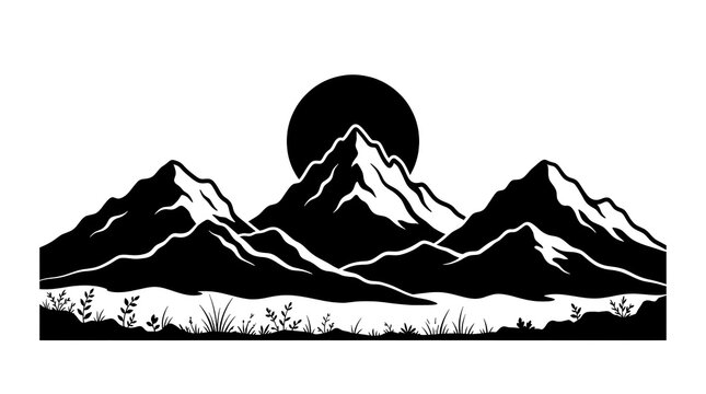 Dramatic mountain landscape silhouette with a rising sun behind the peaks, symbolizing adventure, exploration, nature, and new beginnings.