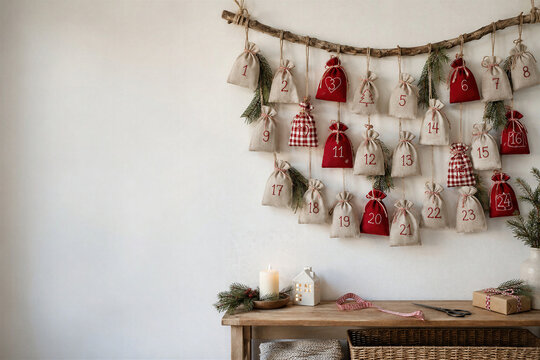 Handmade advent calendar of linen gift bags with numbers hanging on birch branch on wall at wooden console table with candles