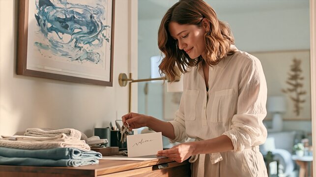 Property Manager Preparing Welcome Card and Keys for Vacation Rental