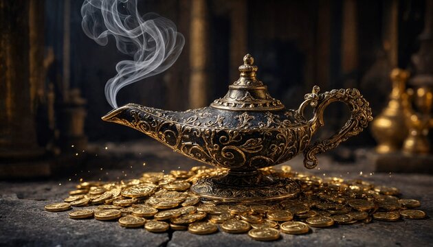 A mystical golden magic lamp emitting smoke sitting on a massive pile of ancient treasure coins