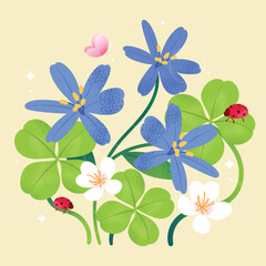 Fototapeta premium Blue Spring Flower Bouquet Vector Illustration Featuring Tiny Ladybug, Four Leaf Clovers, White Daisies and Bright Green Leaves on Warm Cream Background
