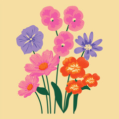 Fototapeta premium Colorful Wildflower Bouquet Vector Illustration Featuring Pink Cosmos, Orange Blossoms, Purple Garden Flowers and Green Stems in Playful Retro Botanical Arrangement on Warm Yellow Background