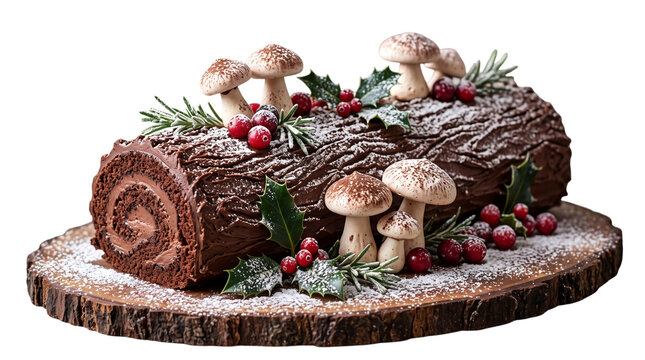 Traditional chocolate yule log cake decorated with meringue mushrooms
