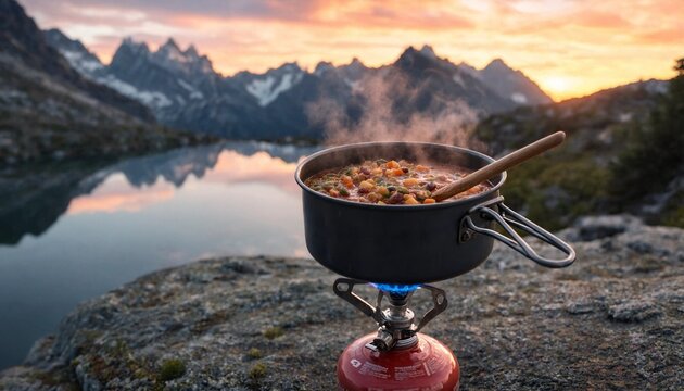 Steaming hot meal cooking on a portable camping stove overlooking a scenic mountain lake at sunset