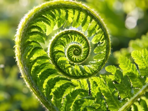 Macro shot displays a fern frond unfurling in a spiraling pattern