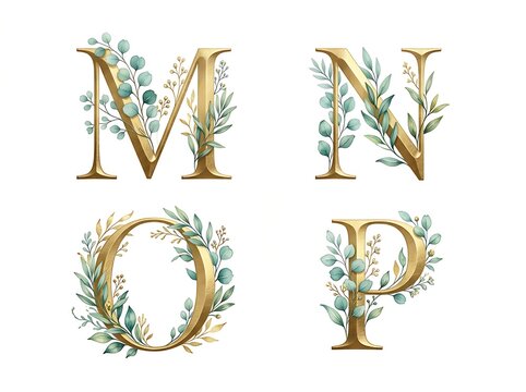 Golden serif letters m, n, o, and p decorated with watercolor eucalyptus leaves, botanical foliage, and branches on a white background