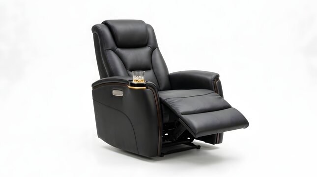 Comfortable black leather reclining armchair with an integrated cup holder for relaxation in a living room space designed to provide ergonomic support during long hours of leisure and home
