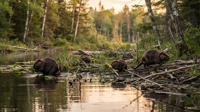 Beaver Family Gathering Along a Woodland Pond