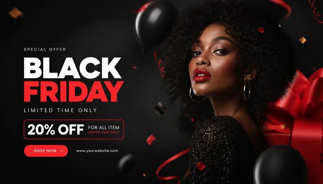 Black Friday sale banner with a stylish woman and red gift box