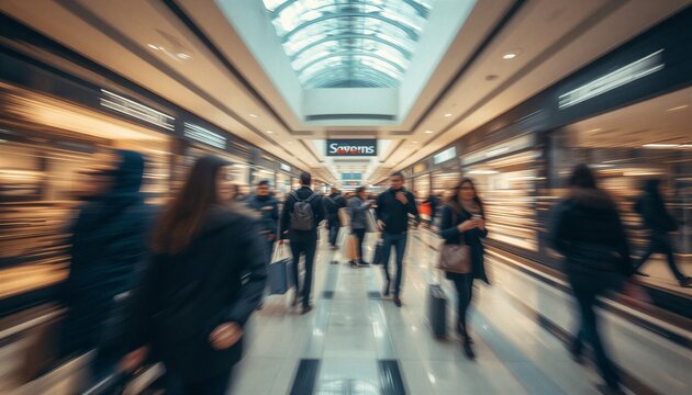 Crowd of shoppers walking through a modern indoor shopping mall