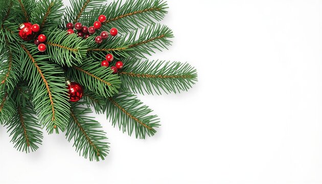 Christmas fir branches with red ornaments on a white background