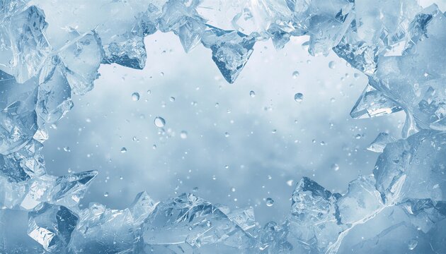 Cracked ice frame with water droplets and central copy space