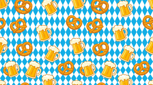 Oktoberfest beer mugs and pretzels pattern on blue and white Bavarian rhombus background.