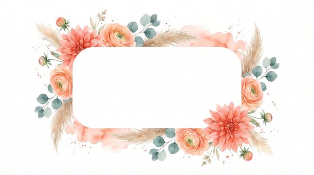 Peach watercolor floral frame for wedding invitations, elegant botanical border with coral dahlias and ranunculus, soft bohemian flower arrangement with pampas grass and eucalyptus