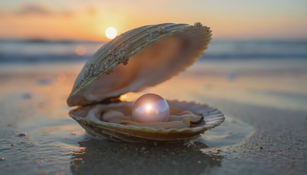Glowing pearl inside open seashell on beach at sunset.