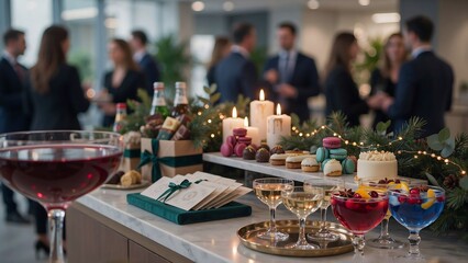 Obraz premium Corporate holiday party buffet with festive cocktails and desserts