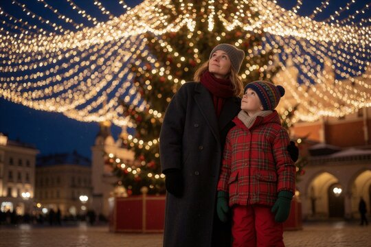 Mother and son gaze up at sparkling Christmas lights in a historic city square during twilight, capturing the festive atmosphere.