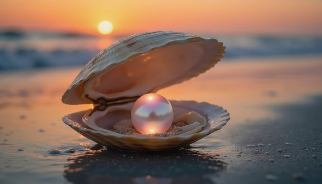 Open shell with pink pearl on sand during sunset.