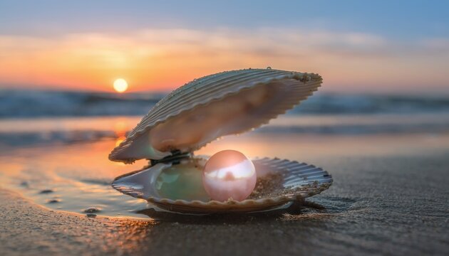 Pink glowing pearl in seashell on wet beach sand.