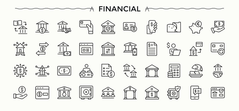 Financial icon set. Payment minimal thin line web icons set. Outline icons in linear style. Currency vector line icon set. Signs for web and mobile app.