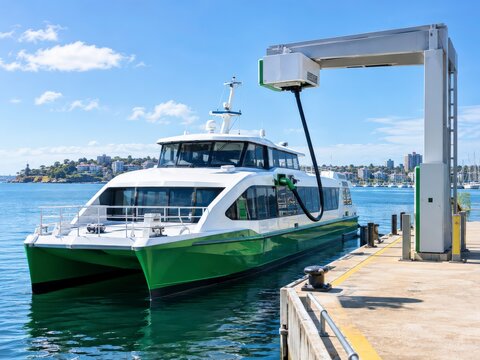 Electric ferry docks at charging gantry in sunny harbour with clear