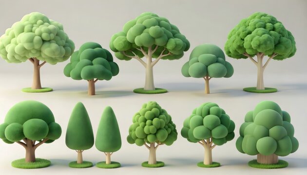 Set of stylized 3D green trees on neutral background
