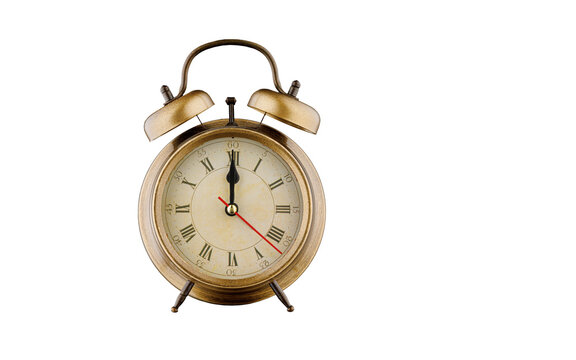 alarm clock, vintage clock with time 12 hours 00 minutes, a.m. 12:00, p.m. 12:00, on isolated white background close-up