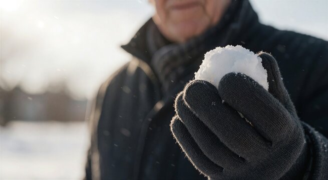Close-up of an elderly mans gloved hand holding a snowball, suggesting the action of throwing snowballs in a snowy winter setting.
