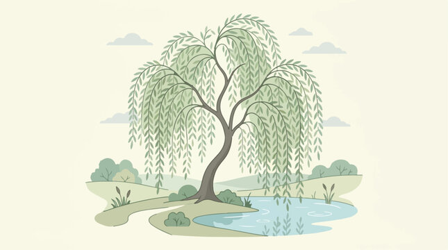 Weeping willow tree in a serene landscape with a calm pond in soft pastel colors for nature illustration.
