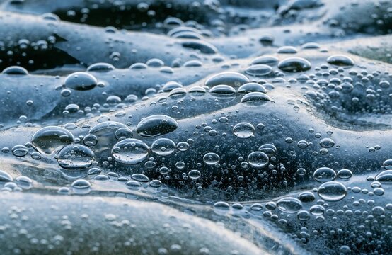 凍った池の表面に閉じ込められた気泡のクローズアップ