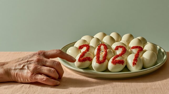 Funny deviled eggs with paprika 2027 and missing number 0, New Year appetizer photo