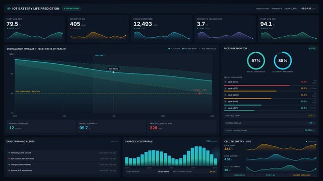 4k futuristic digital dashboard with iot battery life prediction telemetry data analysis, for modern technology, industrial monitoring, data visualization