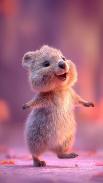 A cheerful quokka with a big smile walks forward with small joyful steps in a soft, blurred pink and purple environment
