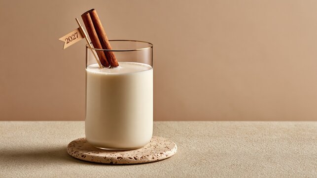 Funny eggnog with cinnamon stick and upside-down 2027 flag, New Year drink photo