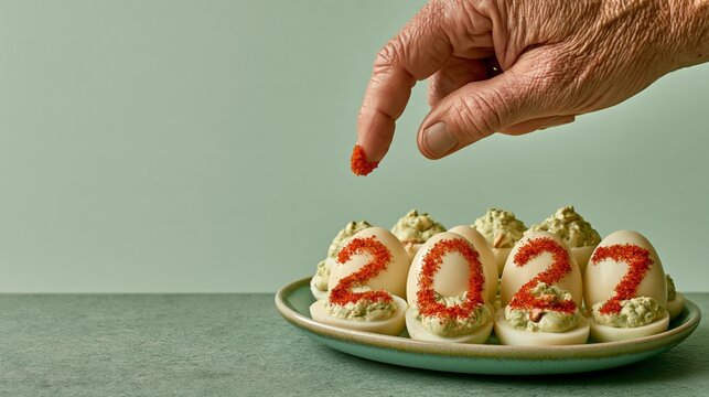 Funny deviled eggs with paprika 2027 and missing number 0, New Year appetizer photo