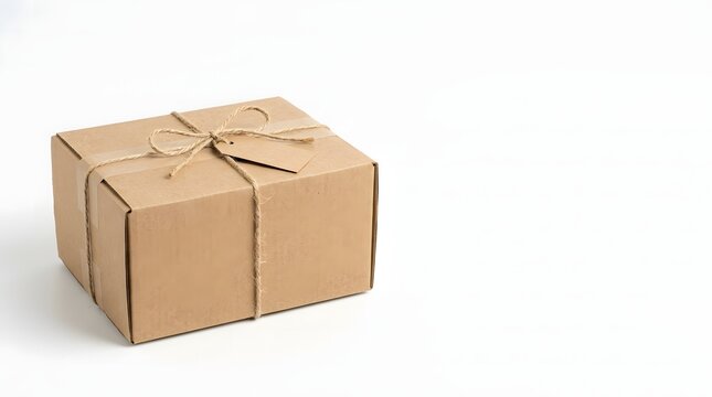 Brown kraft cardboard shipping box tied with natural twine and a blank tag on a white background.