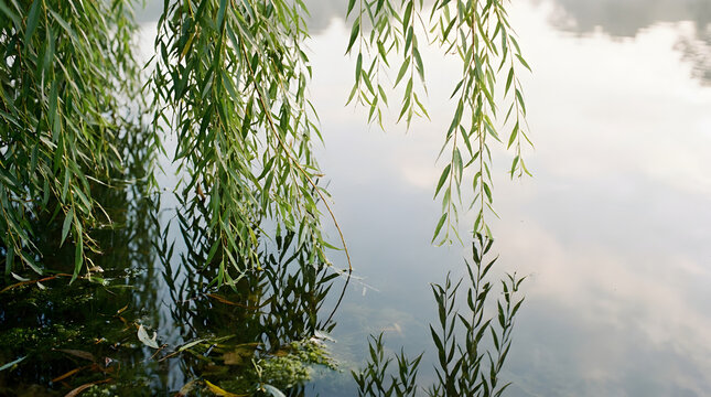 Weeping willow branches with green leaves hanging over calm reflective lake water