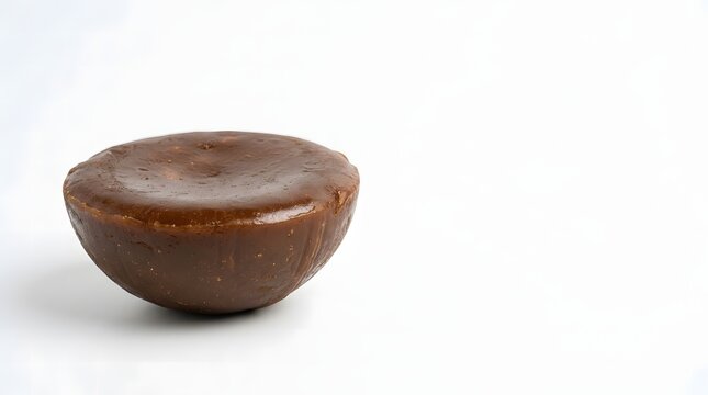 Round block of dark brown Javanese palm sugar with a glossy surface on a white background.