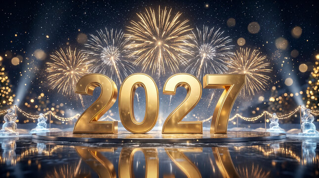 A&ntilde;o Nuevo 2027 con n&uacute;meros dorados brillantes, fuegos artificiales y destellos sobre un elegante fondo nocturno de inspiraci&oacute;n navide&ntilde;a.