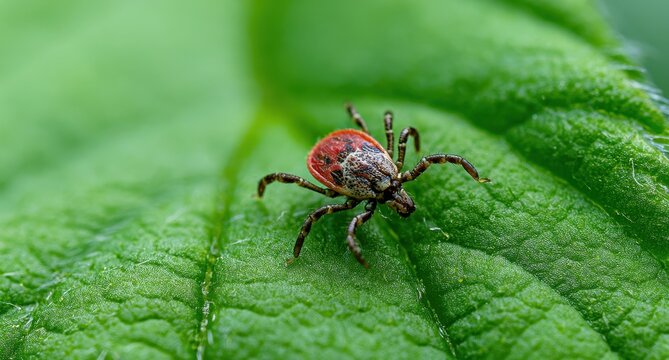 Macro shot of Ixodidae tick crawling on a green leaf. Disease transmits from tick to human or pet. Pest Control in suburban area, garden and urban park from hard ticks and other dangerous parasites.