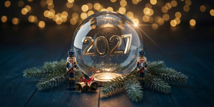 2027 New Year snow globe with nutcrackers and bokeh background