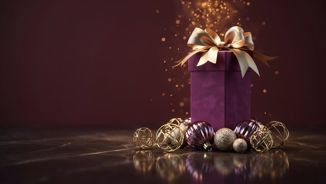 Purple gift box with golden bow and ornaments for holiday