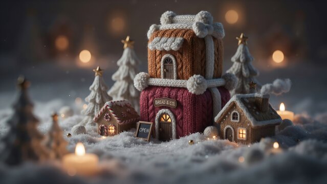 Knitted Christmas village with bakery and gingerbread houses