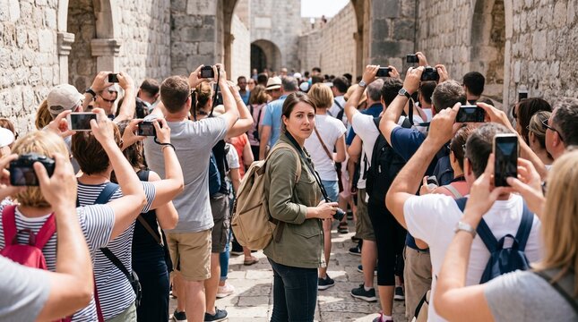 Female traveler looking back at camera while standing amidst large crowd of tourists taking photos with smartphones at historic landmark, conveying tourism