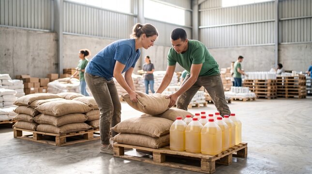 Male and female volunteers stacking sacks of grain and jugs of cooking oil on wooden pallets in distribution warehouse, symbolizing charity and relief work