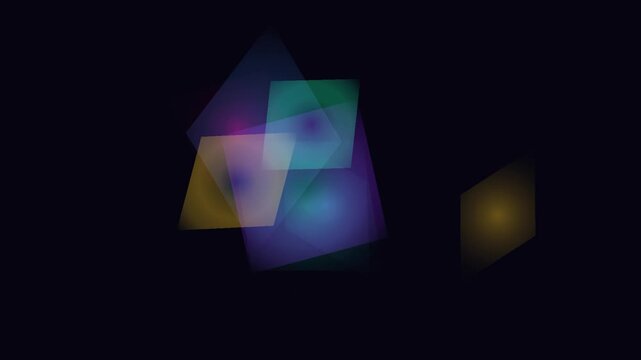 Translucent colored geometric planes overlap against a deep black backdrop