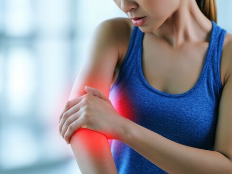 Elbow pain ache. Woman touches massaging her sore elbow due to acute joint pain. Glowing red light on hand arm area showing a severe muscle spasm tendon strain arthritis or sport injury symptom visual