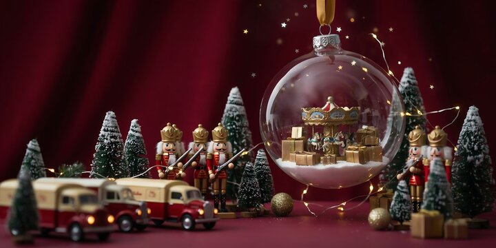Christmas nutcrackers and carousel ornament on red background